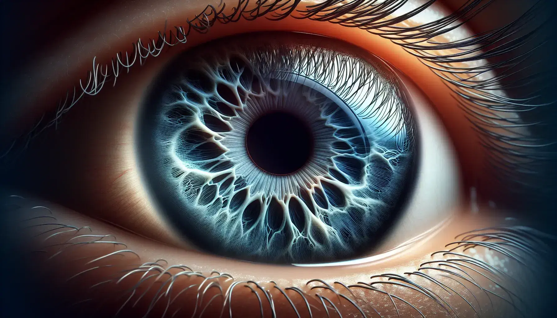 Ojo humano con iris azul profundo y pupila dilatada, rodeado de pestañas curvas y esclerótica blanca con finos vasos sanguíneos.