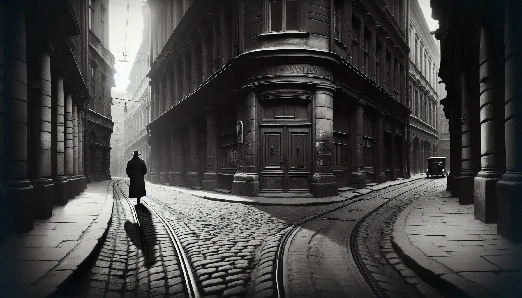 Uomo in cappotto e cappello cammina su strada acciottolata con binari del tram, in una scena urbana in bianco e nero d'epoca, atmosfera solitaria e misteriosa.