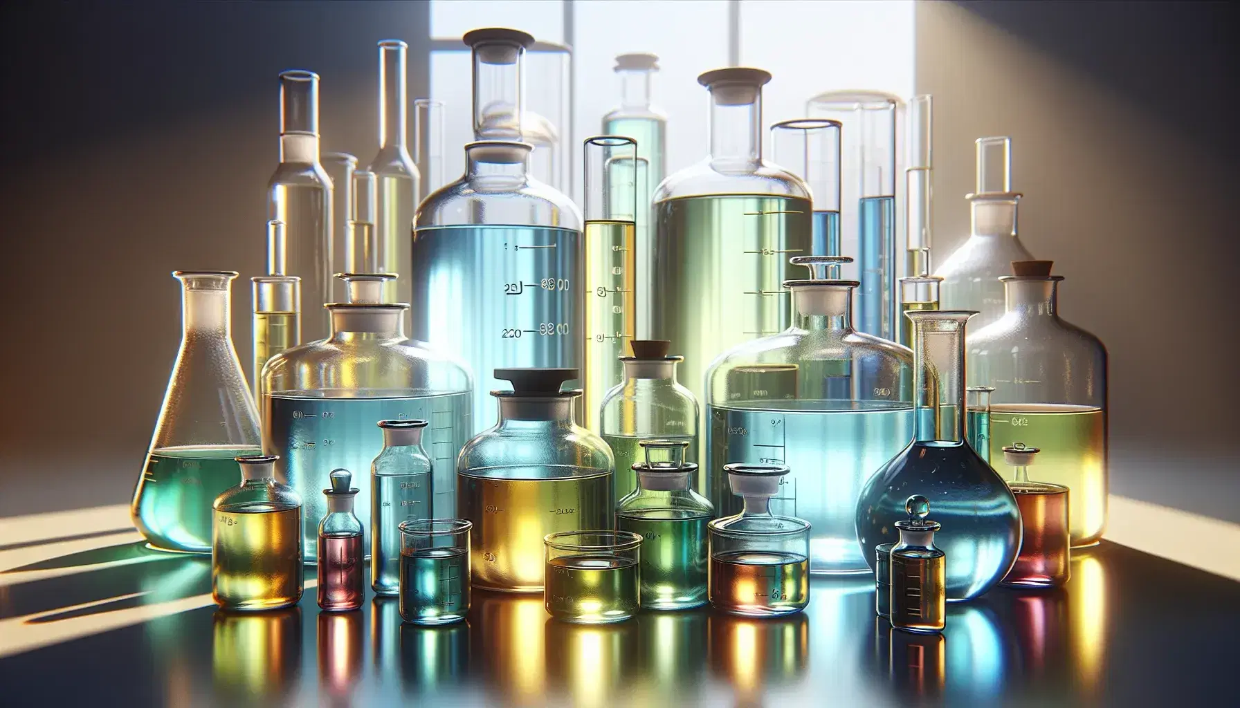 Frascos de vidrio con líquidos de colores variados en laboratorio, reflejando luz natural sobre superficie de madera.