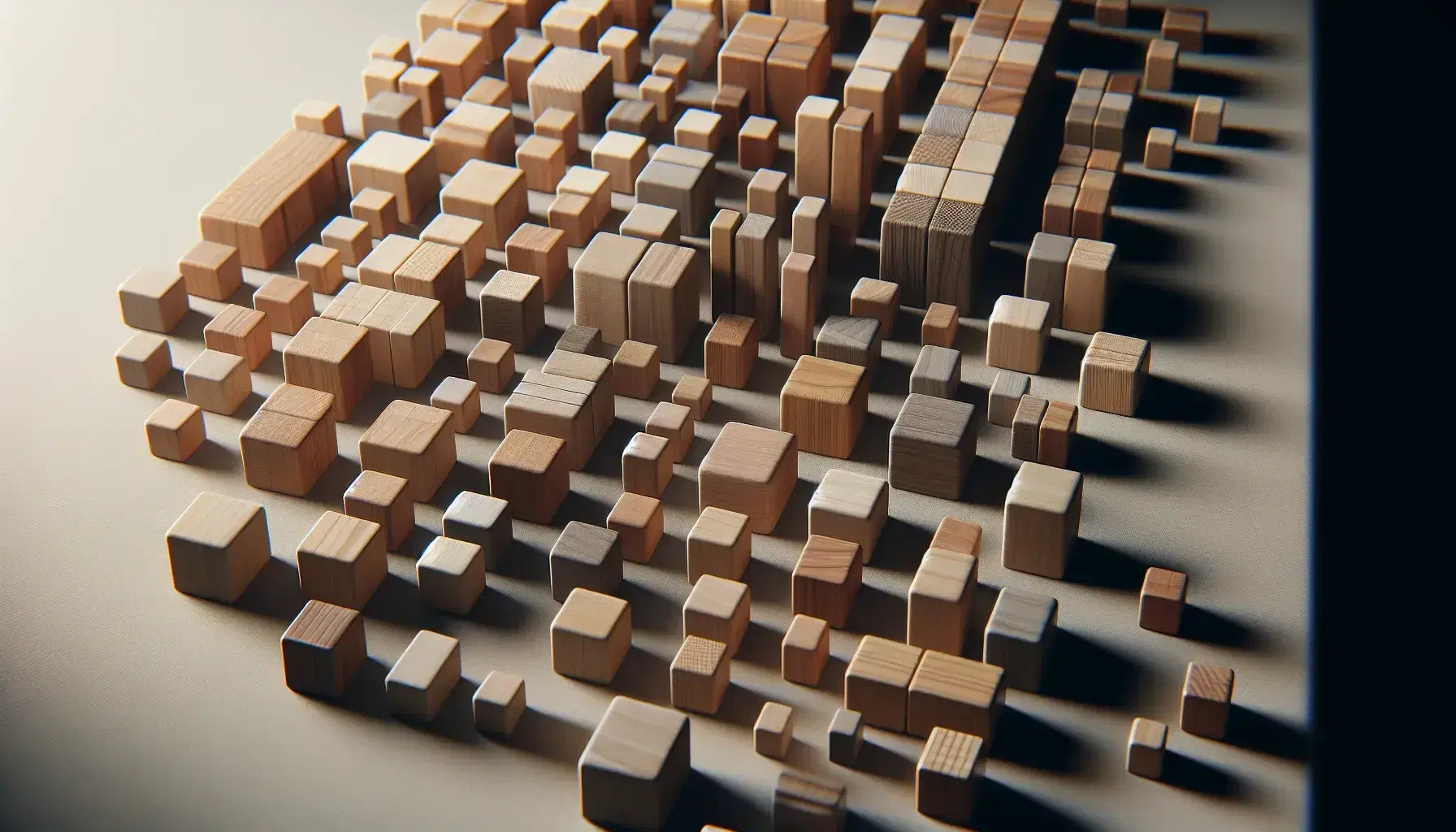 Assorted wooden blocks in natural hues scattered on a matte surface, with a central cluster standing out due to spacing and arrangement.