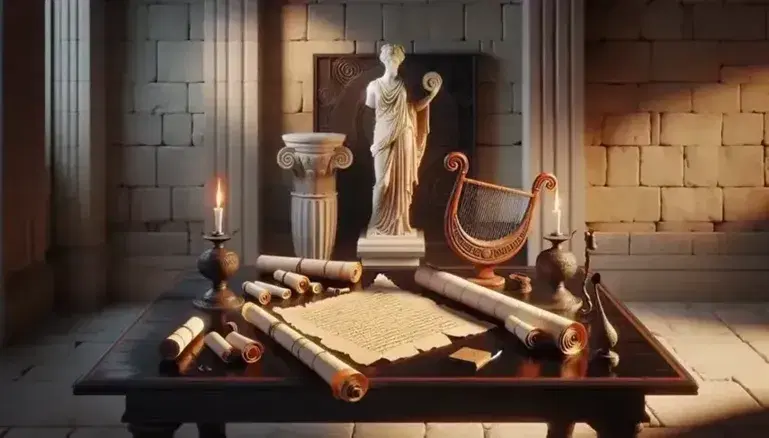 Biblioteca greca antica con tavolo in legno, rotoli di papiro, statuetta di marmo, lampada a olio in bronzo e lira, in un'atmosfera di sapere antico.