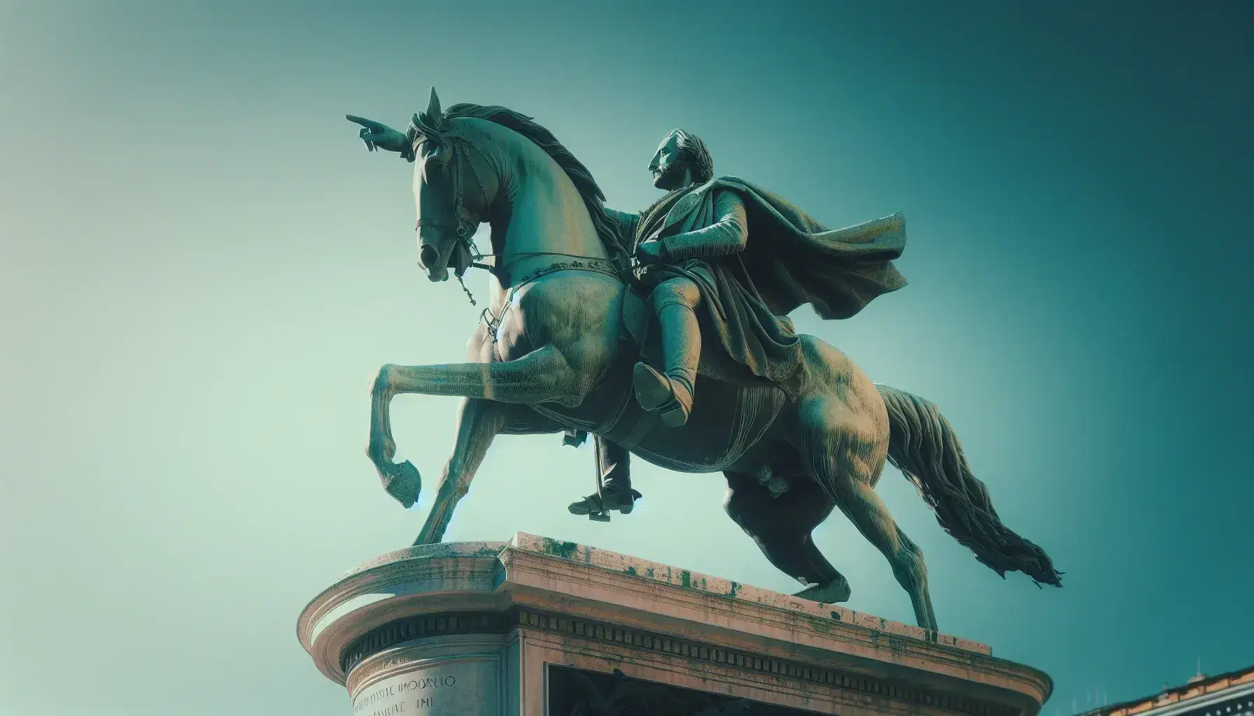 Statua equestre in bronzo di cavaliere anonimo a Napoli, con mantello al vento e mano alzata, su piedistallo in pietra, sotto cielo azzurro.