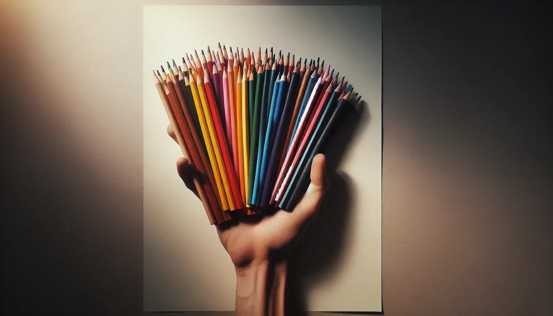 Mano sosteniendo lápices de colores en abanico sobre papel blanco, con tonos del arcoíris y punta afilada, en ambiente de iluminación suave.
