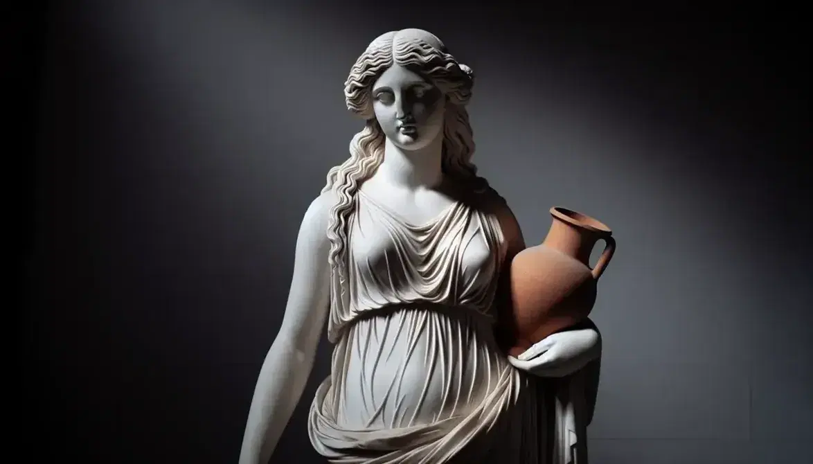 Statua in marmo bianco di figura femminile con vestito drappeggiato e vaso terracotta, su piedistallo grigio, illuminazione soffusa.