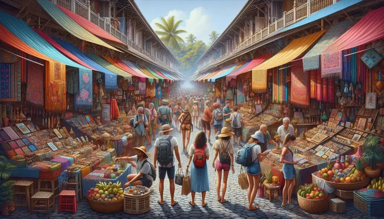 Mercato all'aperto con bancarelle colorate che vendono artigianato locale, gioielli fatti a mano e frutta esotica, turisti in esplorazione sotto un cielo sereno.