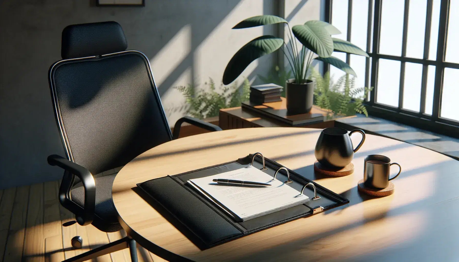 Escena de oficina iluminada naturalmente con mesa de madera, silla ergonómica, portafolio abierto, bolígrafo y taza de café sobre posavasos de corcho.