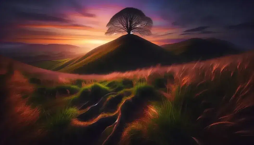 Paesaggio naturale al tramonto con collina erbosa, albero solitario in silhouette e cielo colorato senza nuvole.