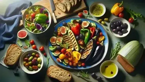 Tavola imbandita con piatto di verdure grigliate, insalata mista, pane integrale, olive verdi e nere, frutta fresca, vino rosso e bottiglia di olio d'oliva.