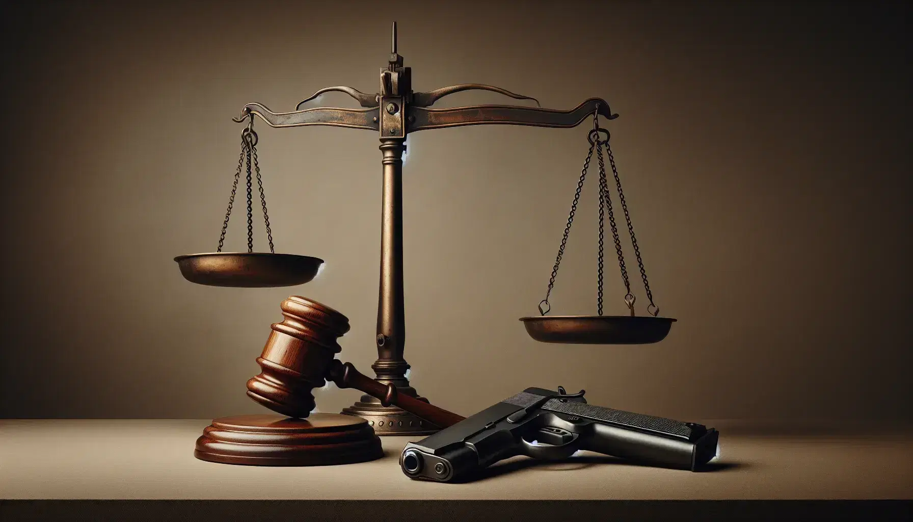 Wooden gavel, antique balance scale, and matte-black handgun arranged on a solid neutral background, symbolizing law and justice.