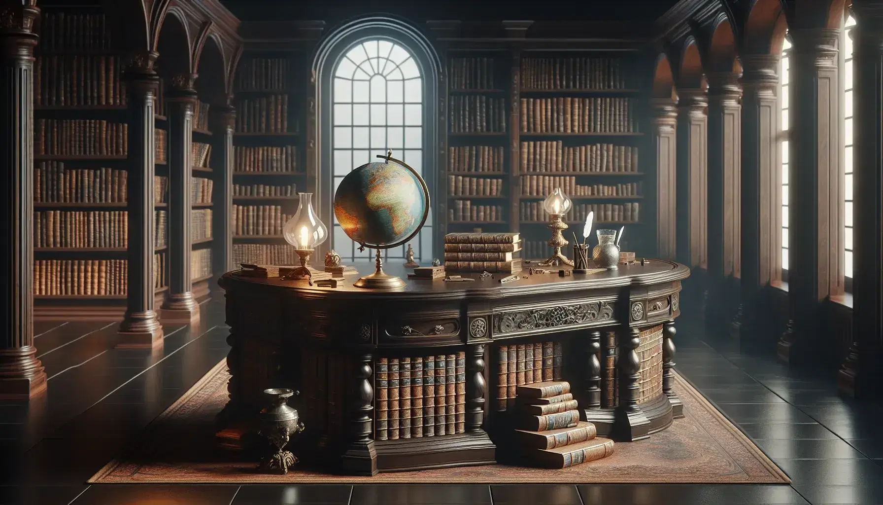 Biblioteca antica con scrivania in legno scuro, libri rilegati, calamaio d'argento, lampada a olio e globo terrestre, in un'atmosfera calda e raccolta.