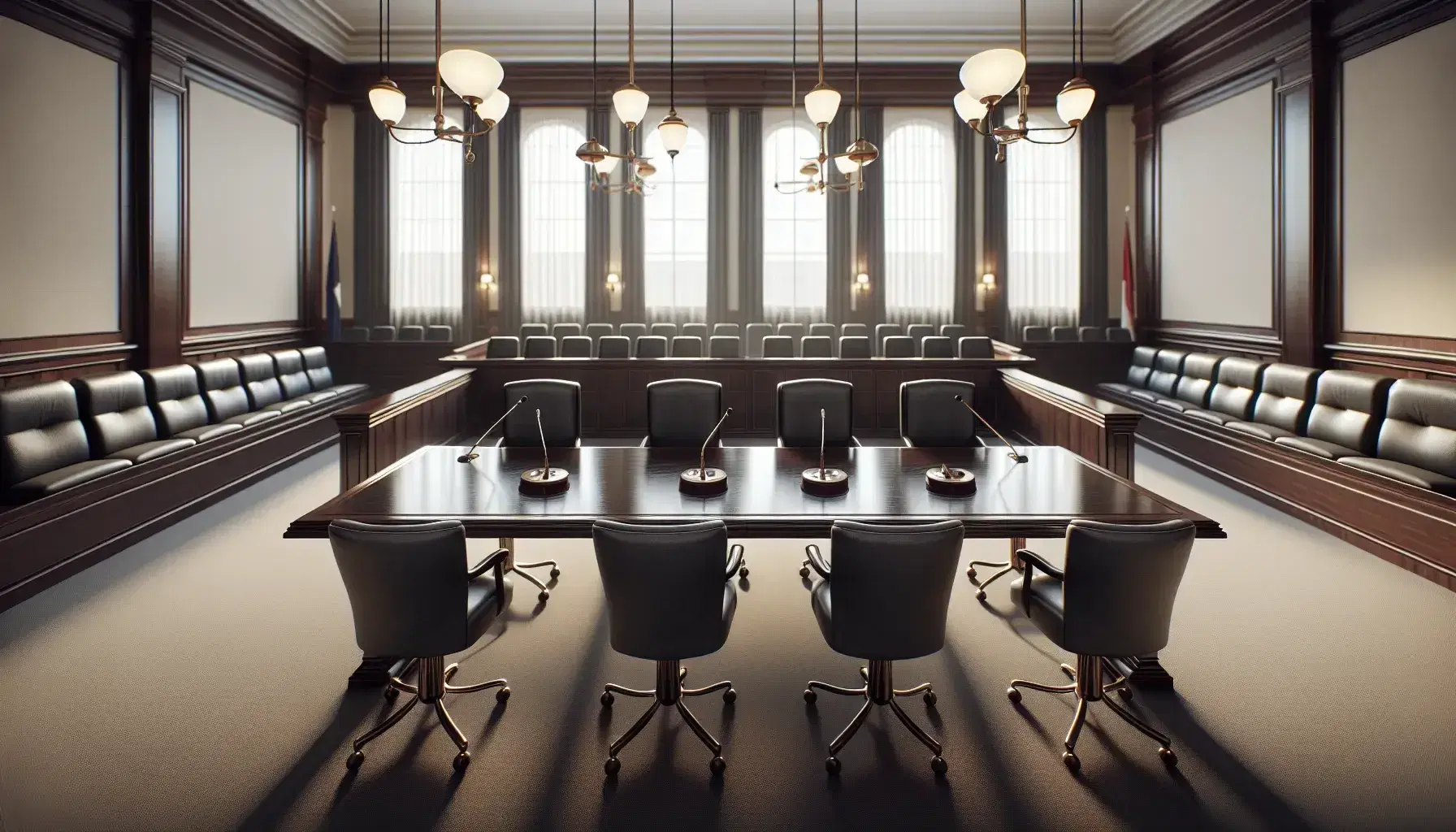 Sala de tribunal administrativo vacía con mesa central de madera oscura, sillas altas de cuero negro para jueces y mesas para abogados con micrófonos.