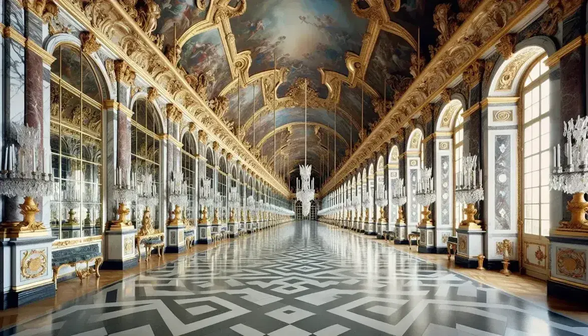 Corridoio della Galleria degli Specchi a Versailles con pareti dorate, specchiere, soffitto affrescato e lampadari di cristallo.