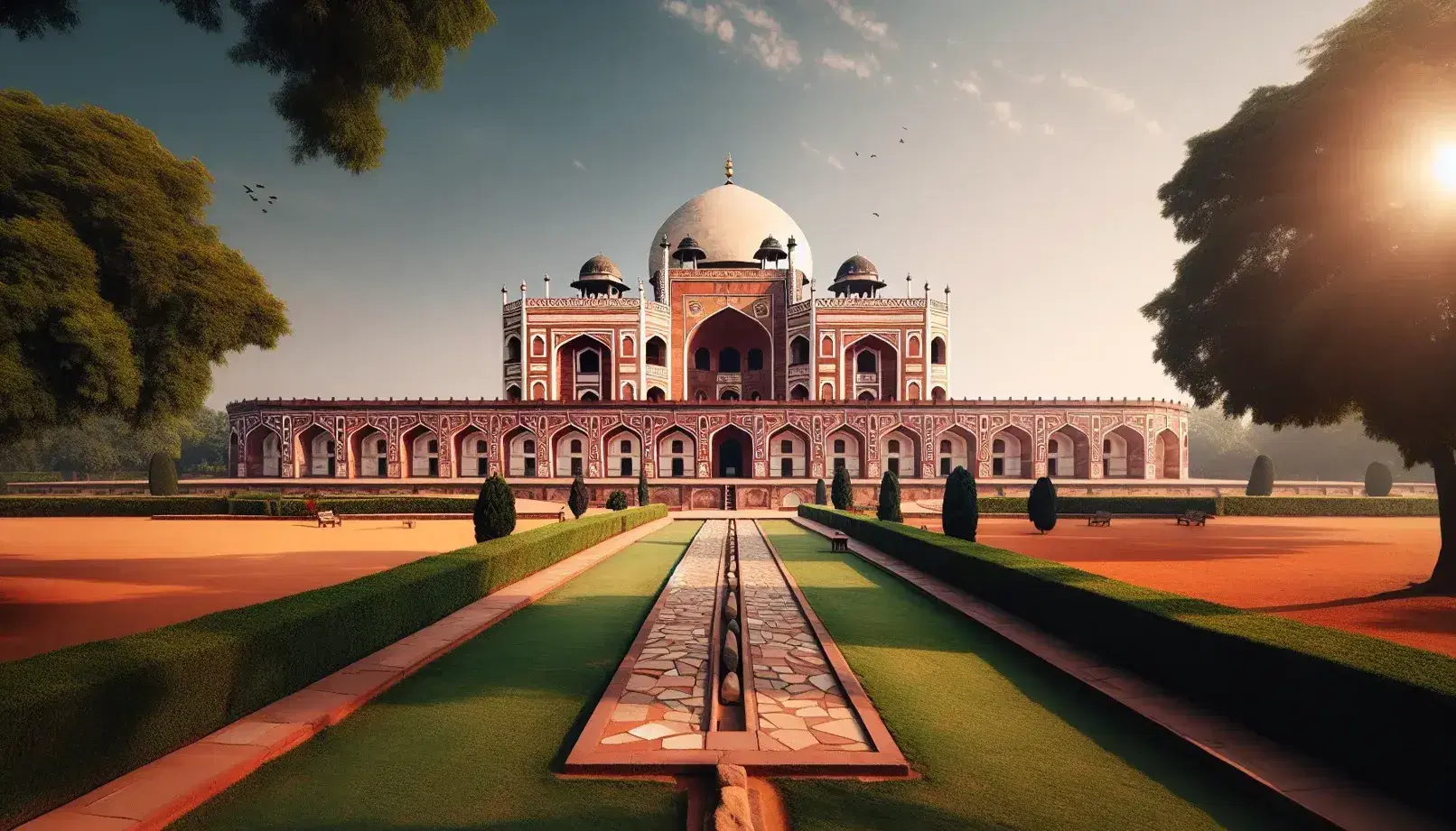 Humayun's Tomb entrance with red sandstone pathway, white marble inlays, grand arches, and central dome against a clear blue sky in Delhi, India.
