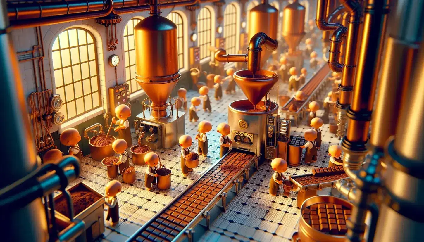 Piccole figure umanoidi arancioni con capelli verdi lavorano in una fabbrica di cioccolato, riempiendo stampi e decorando dolci su un nastro trasportatore.