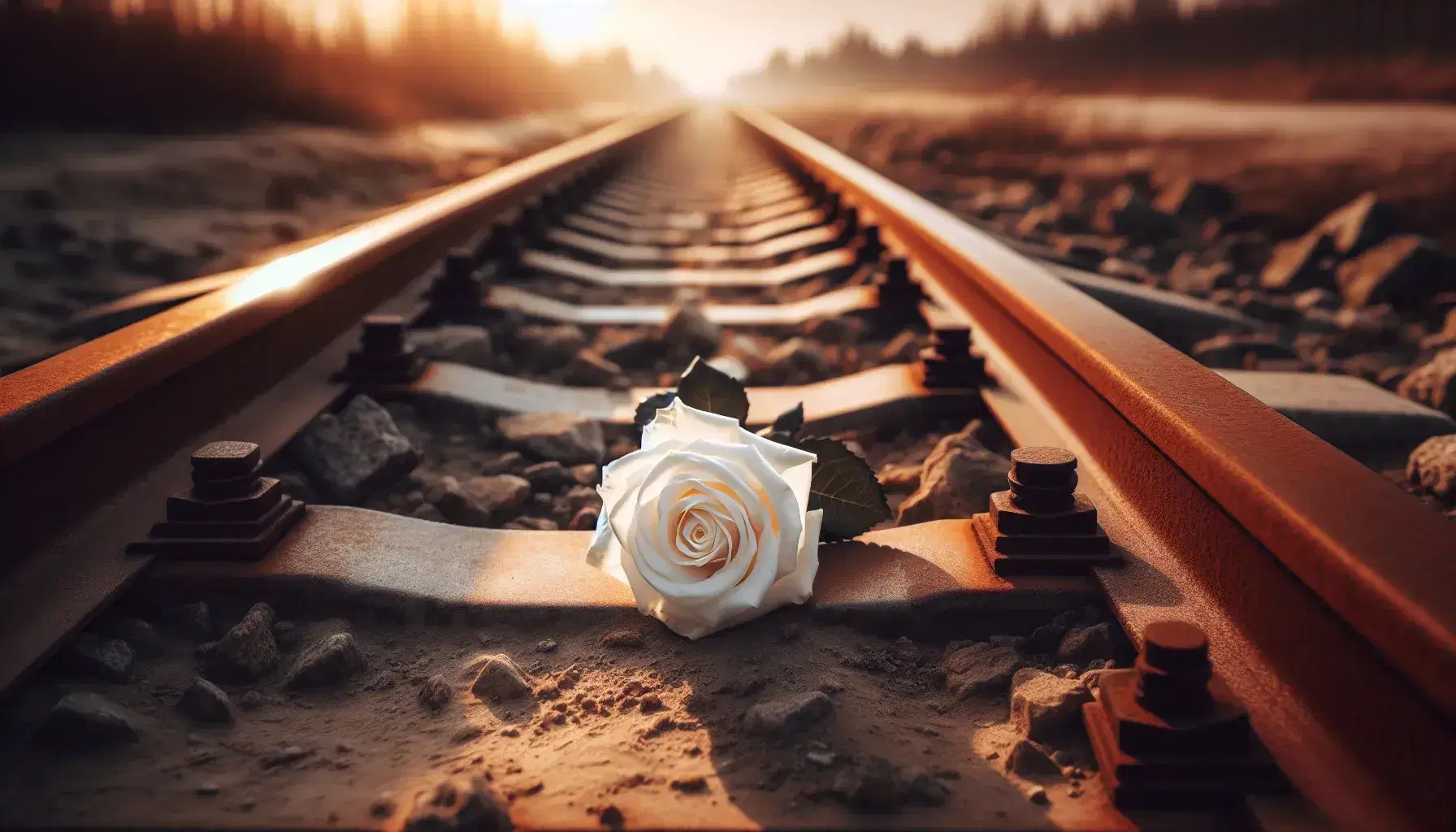 Rosa bianca pura posata su binario ferroviario arrugginito e abbandonato, con sfondo di ciottoli e luce diffusa.