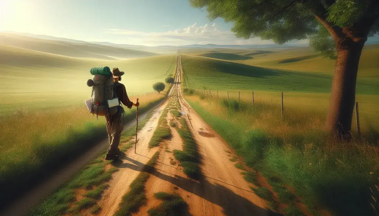 Peregrino con mochila grande y sombrero caminando por sendero de tierra rodeado de campos verdes, árboles y montañas en la distancia bajo cielo azul con nubes dispersas.