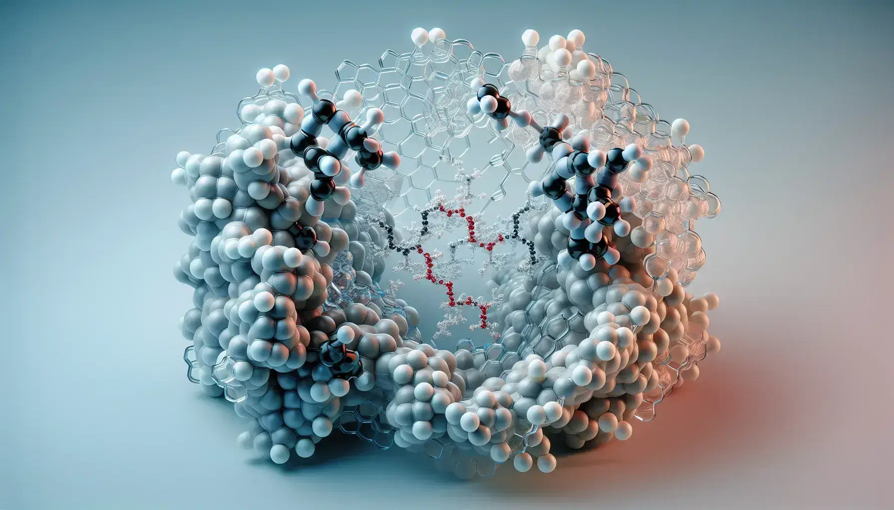 Transparent three-dimensional model of an enzyme with substrate approaching the active site, atoms colored by element, gradient background.