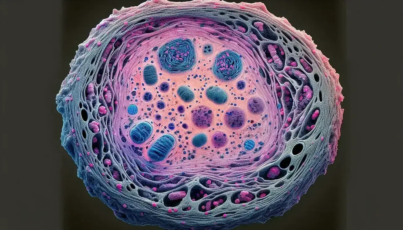 Microfotografia colorata di una cellula umana al microscopio elettronico, con nucleo in evidenza e possibili mitocondri circostanti.