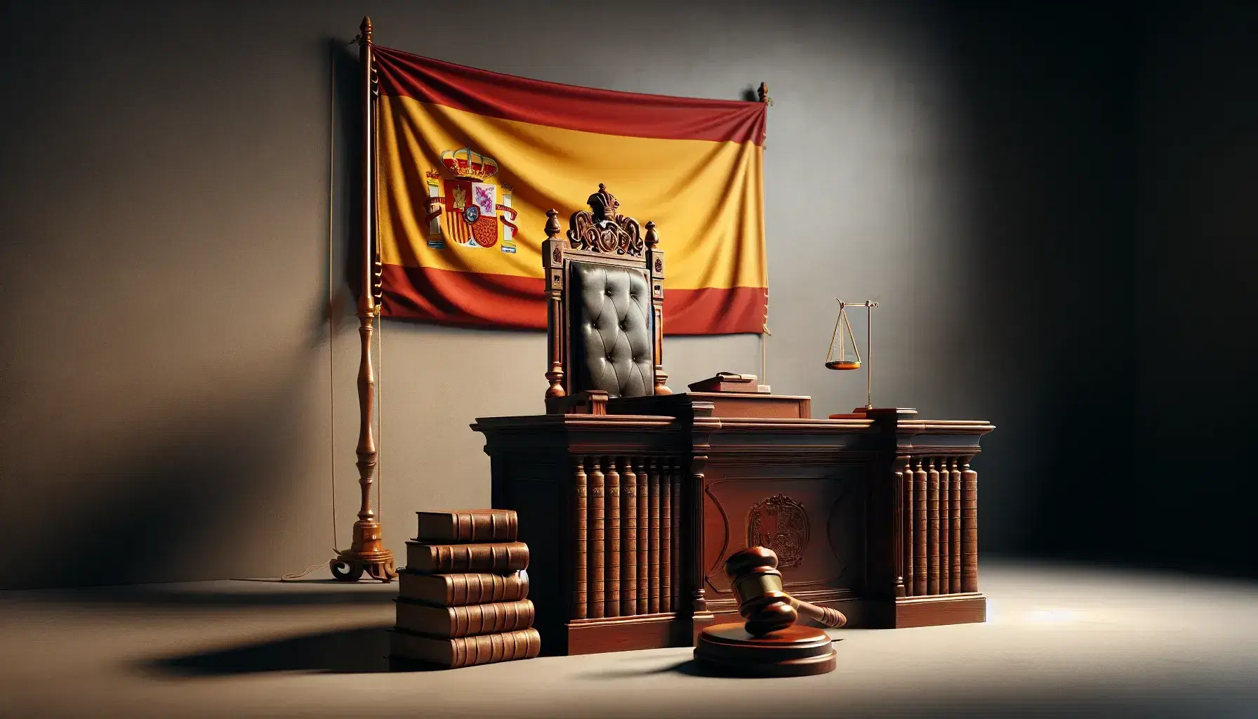 Traditional Spanish courtroom with an empty judge's bench, a hanging national flag, a gavel on a block, and a shelf of leather-bound law books.