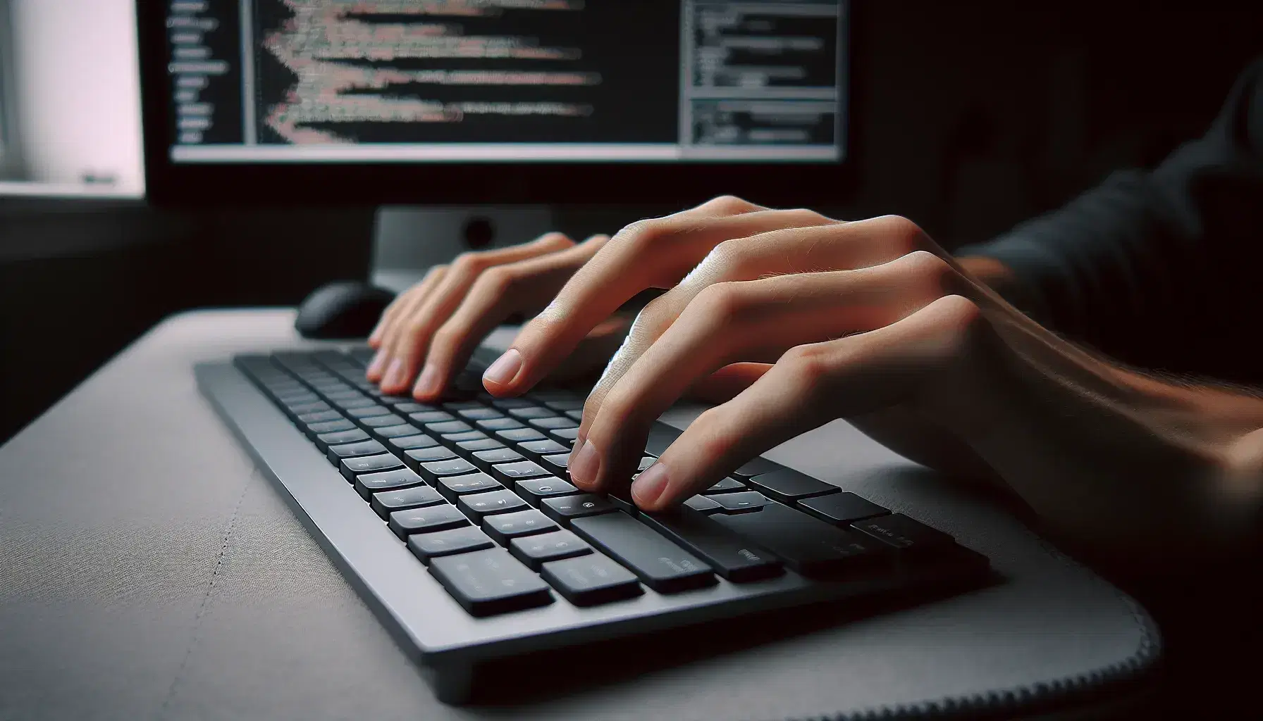 Hands of a person typing on a modern keyboard without markings with blurred background of a screen with Python code in an IDE.