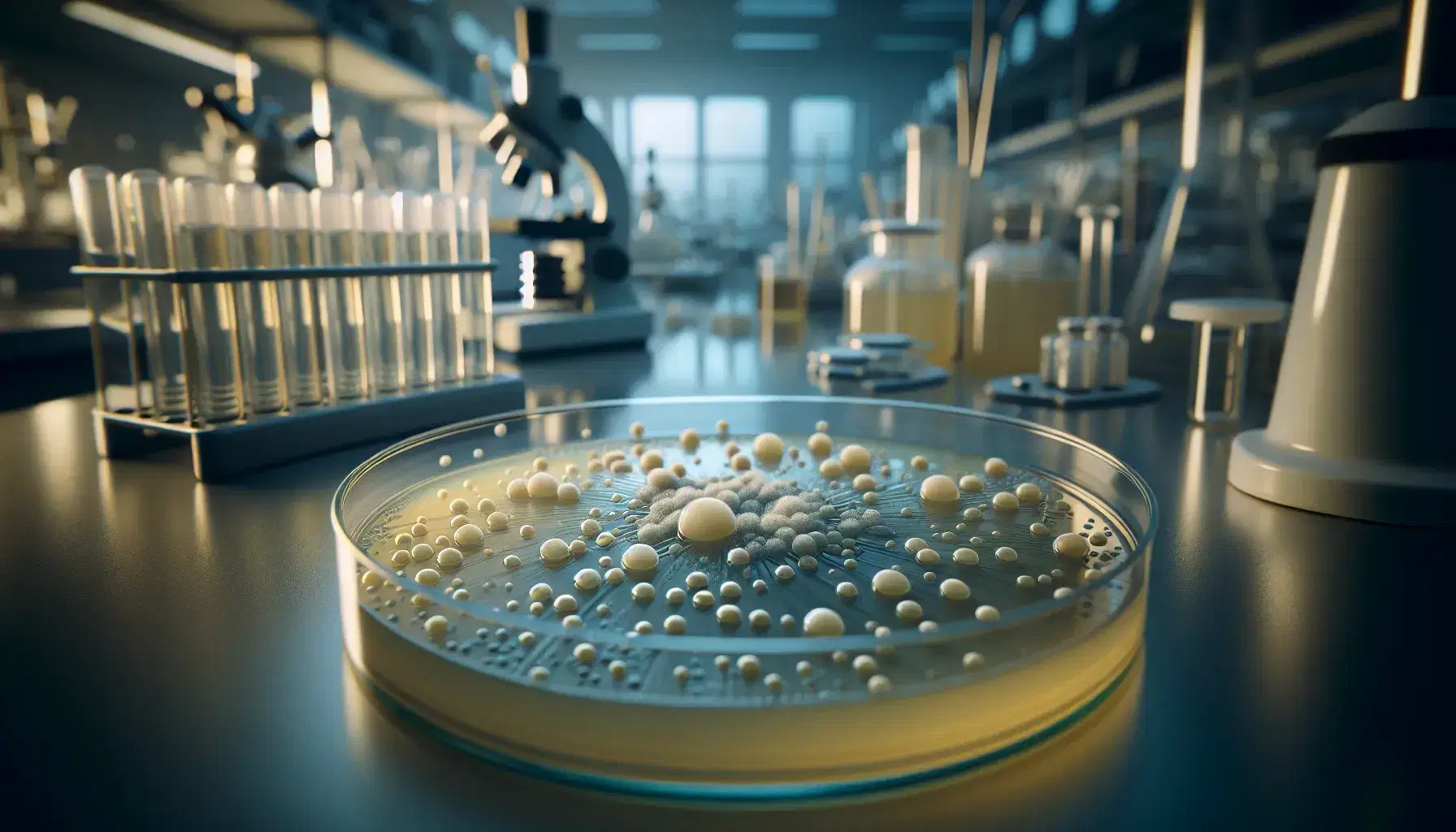 Close-up view of bacterial colonies in a petri dish on a lab bench, with out-of-focus test tubes and microscope in the background.