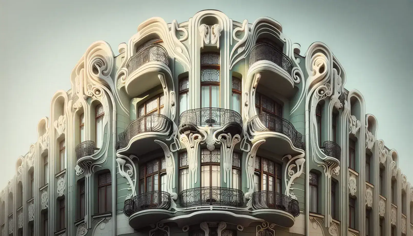 Facciata in stile Art Nouveau con balconi e finestre ornati, dettagli in ferro battuto e colori pastello, illuminata dalla luce naturale.