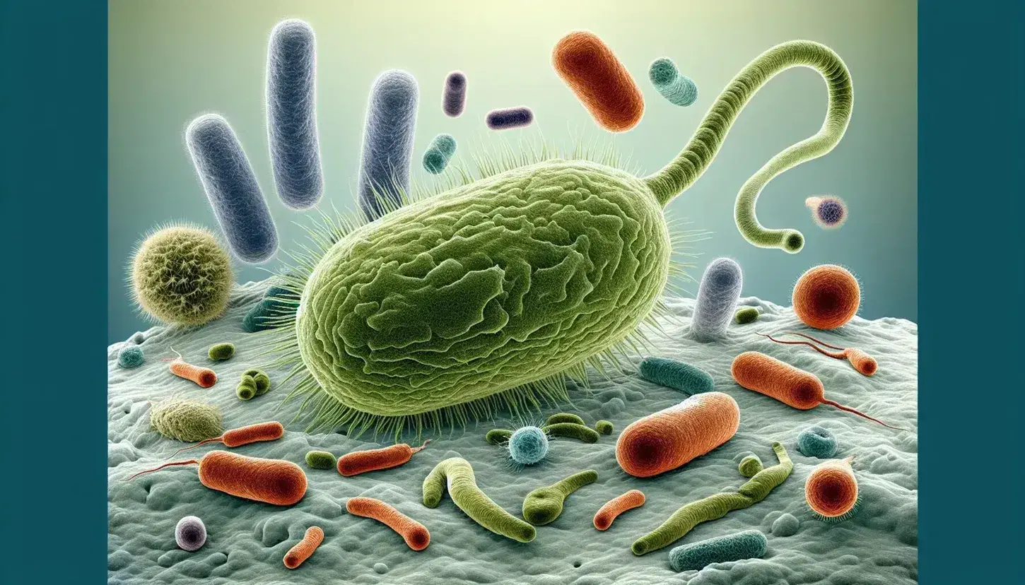 Microscopic view of diverse protists: a central green flagellate, blue-green algae filaments, a red amoeba, and intricate diatoms against a blue backdrop.