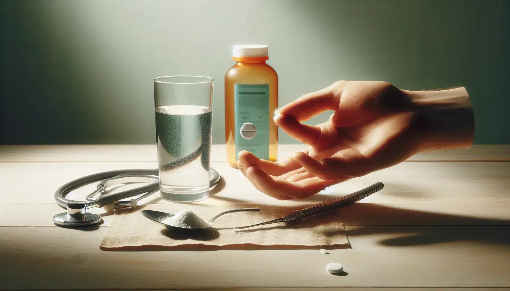 Mano sosteniendo pastilla blanca sobre mesa de madera con vaso de agua, botella de medicina naranja, cuchara con polvo y estetoscopio al fondo.