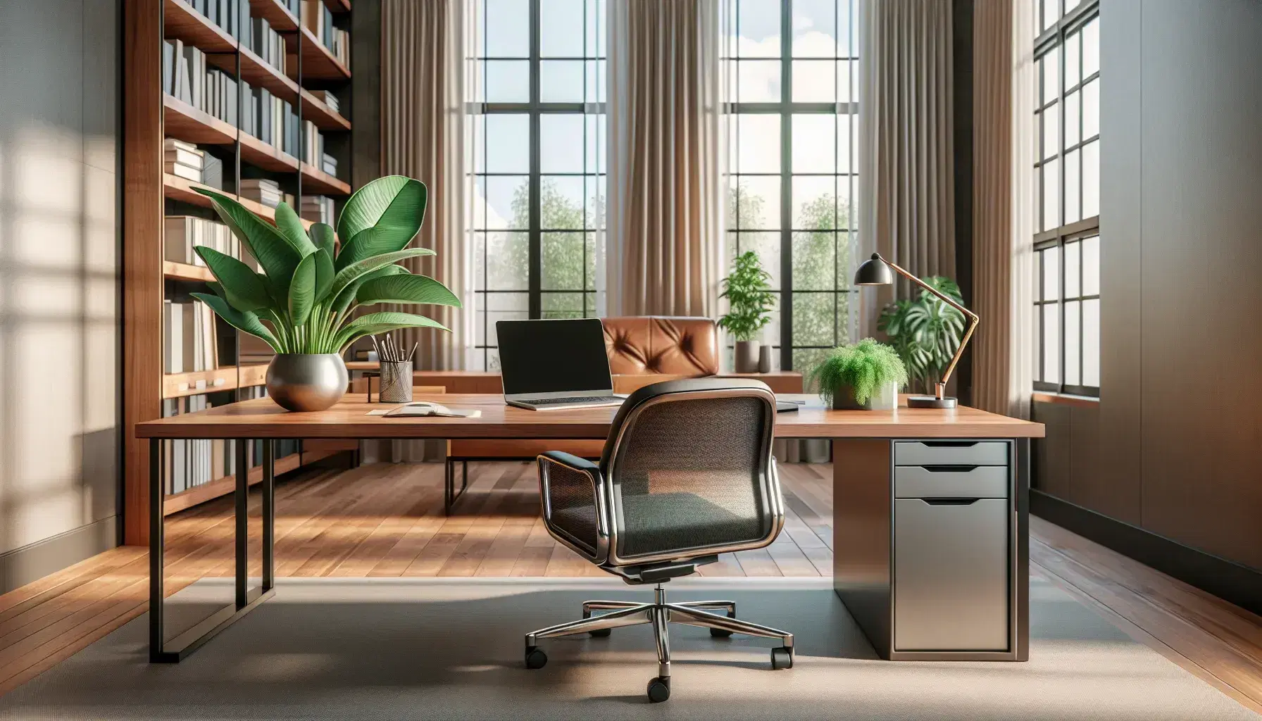 Modern office with wooden desk, open laptop, green plant, ergonomic chair, bookshelf, and guest seating area with natural light from large windows.