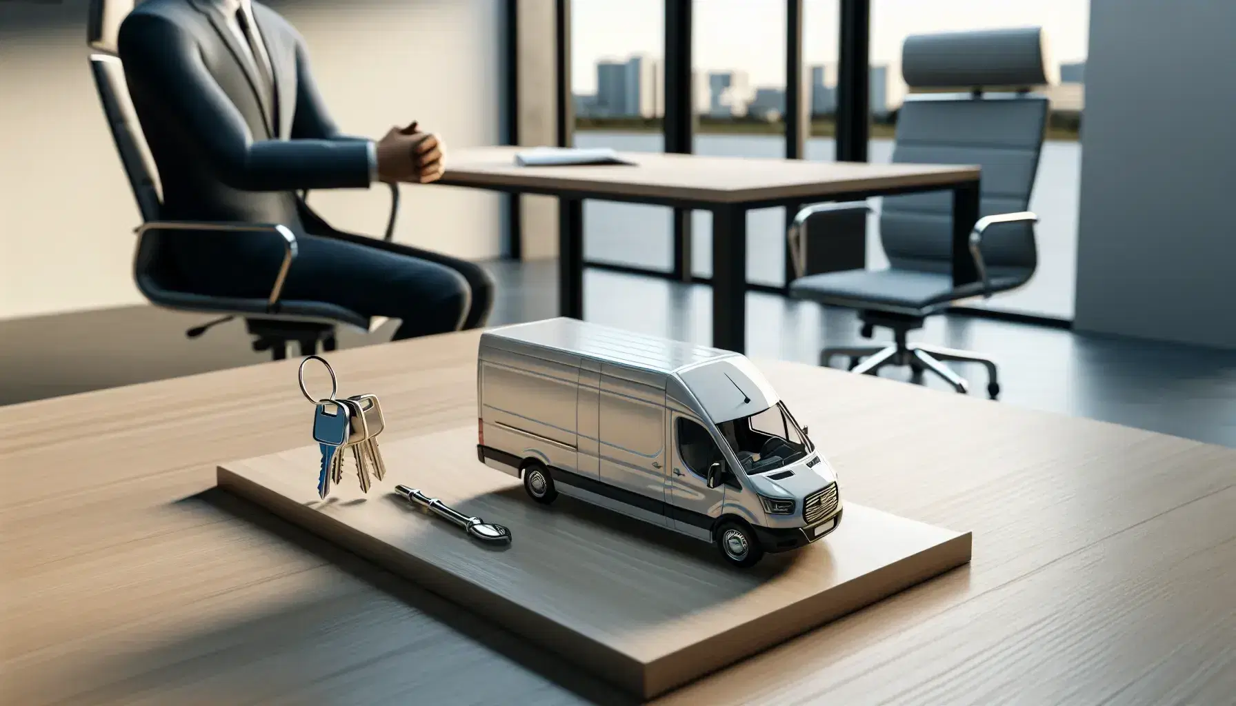 Oficina moderna con mesa de madera, modelo de furgoneta comercial blanca, llaves metálicas, sillas ergonómicas y persona en traje, con amplios ventanales y vista a edificios.
