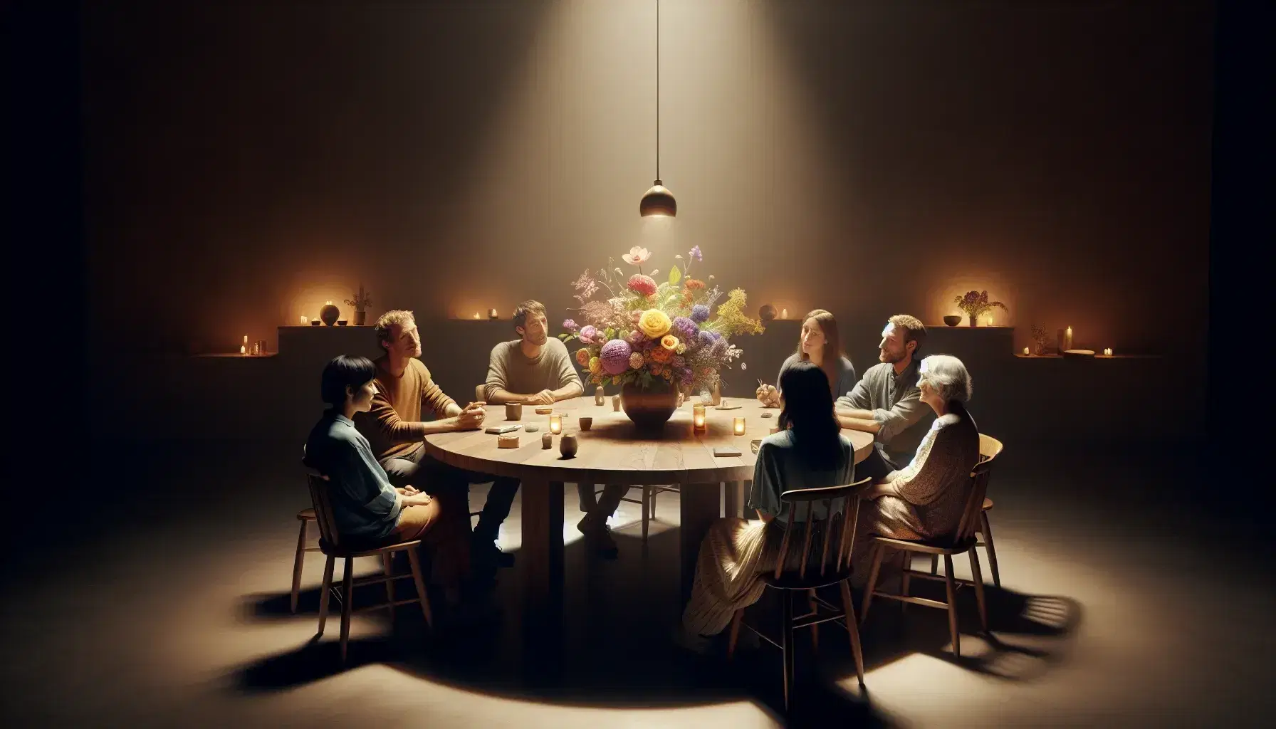 Grupo de cinco personas de diversas edades conversando alrededor de una mesa redonda con un jarrón de flores coloridas, en un ambiente acogedor e iluminado suavemente.