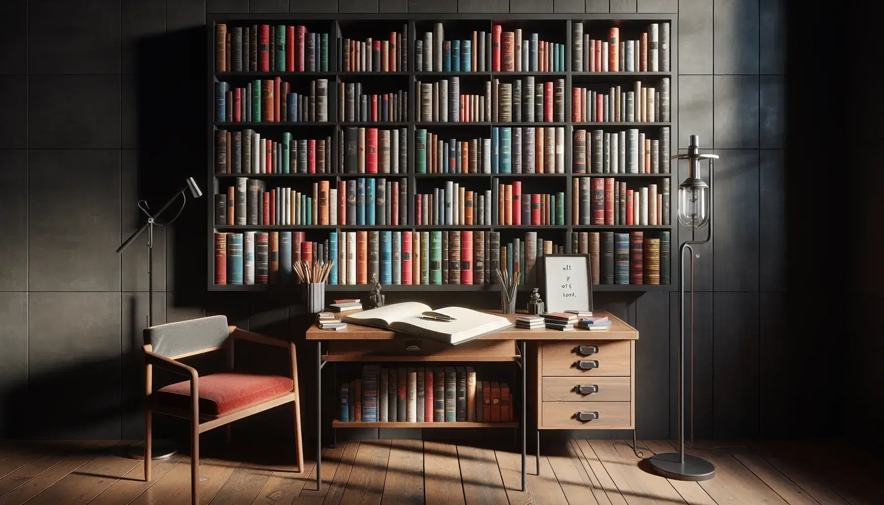 Estantería de madera oscura repleta de libros de colores y tamaños variados con mesa y silla a juego, lámpara de pie y papelería, en un ambiente acogedor.