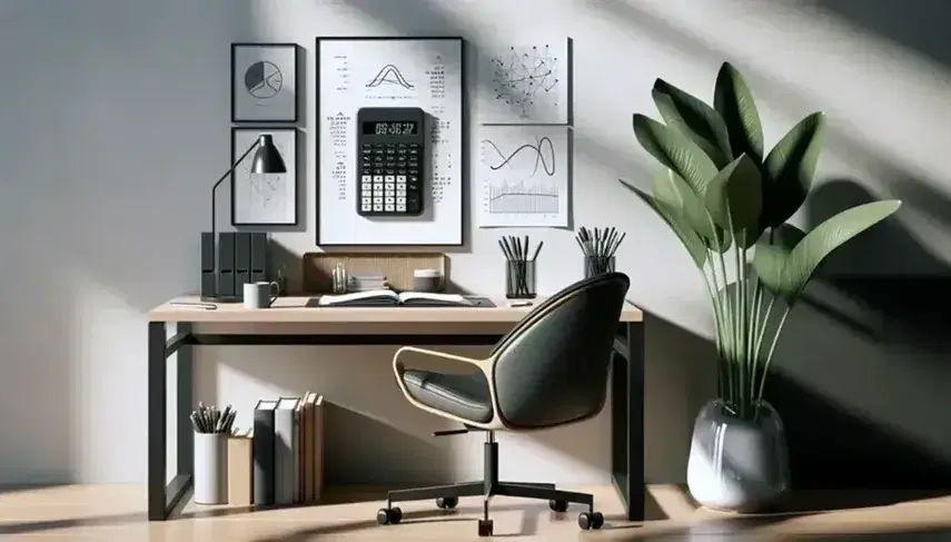 Ufficio moderno e luminoso con scrivania in legno, calcolatrice grigia, porta penne metallico, pianta verde, sedia ergonomica blu, libro aperto e grafici.