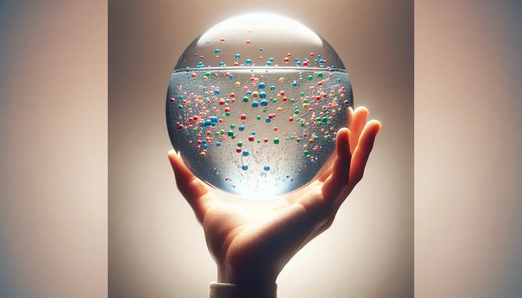 Mano umana aperta con palmo verso l'alto che regge sfera trasparente con acqua e particelle colorate di elettroliti.
