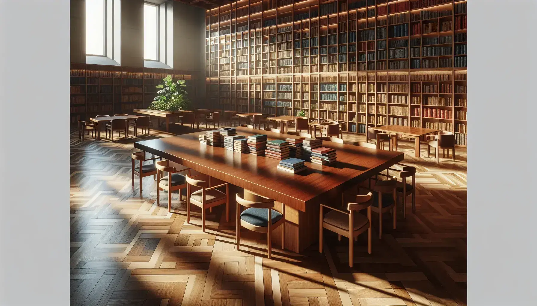 Biblioteca espaciosa con mesa de madera, sillas acolchadas y estanterías llenas de libros, luz natural y suelo de parqué en espiga.