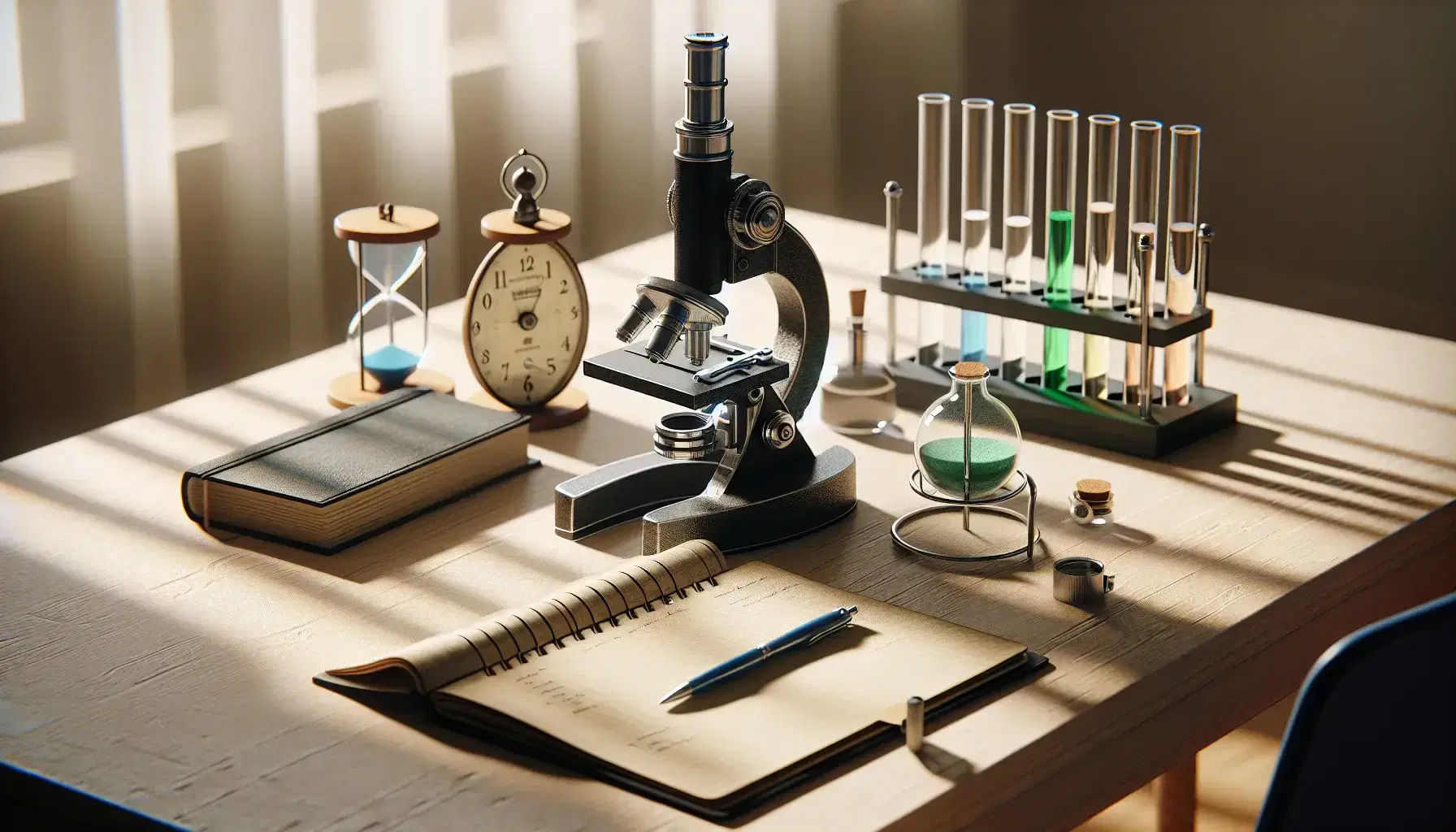 Mesa de madera clara con microscopio negro y plateado, cuaderno abierto con bolígrafo azul y probetas con líquidos de colores sostenidas por soporte metálico.