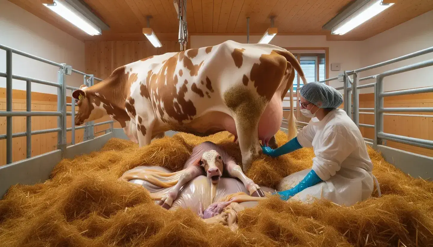 Vaca parda con manchas blancas pariendo en un establo limpio, con un veterinario asistiendo el nacimiento del ternero.