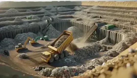 Yellow tipper truck unloads waste in modern landfill, with green bulldozer leveling and compacting, gas collection pipes and leachate pond.