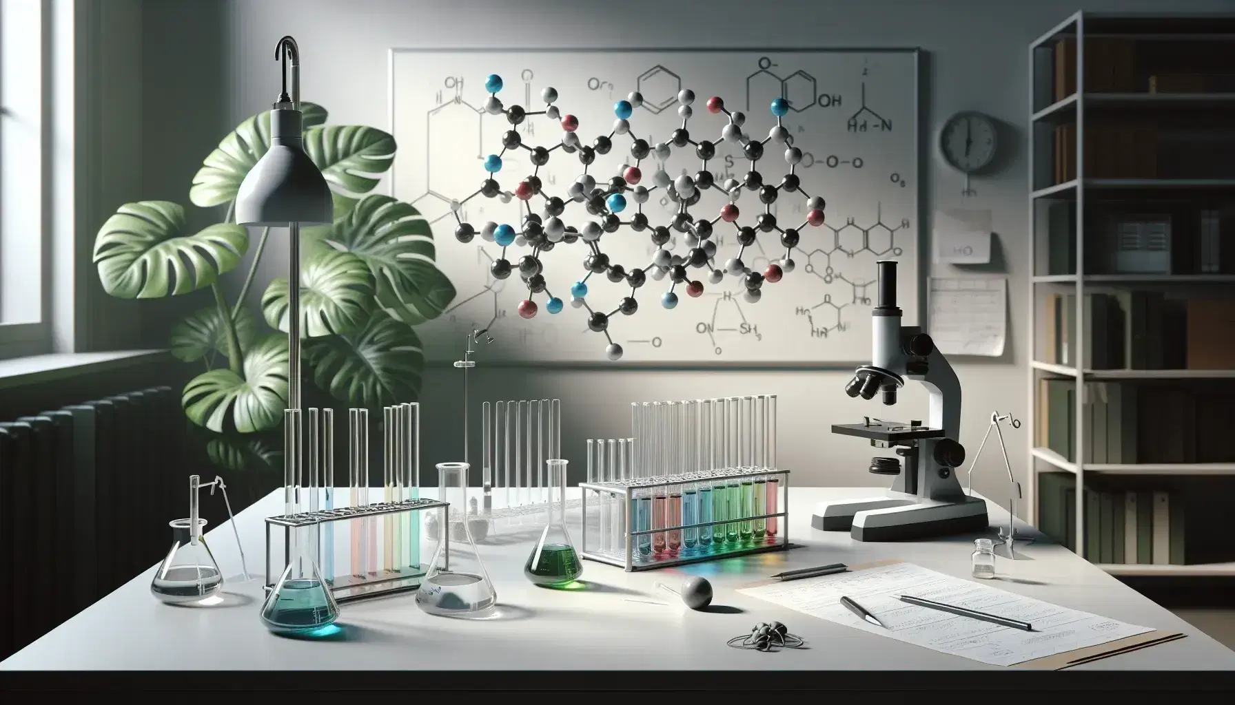 Laboratorio scientifico con microscopio, provette con liquidi colorati, modello molecolare e pianta verde.