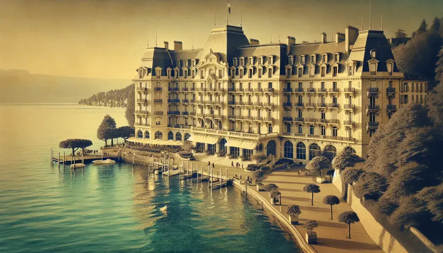 Vintage sepia-toned photo of Montreux Palace Hotel by Lake Geneva, with Belle Époque architecture, boats on water, and lush gardens.