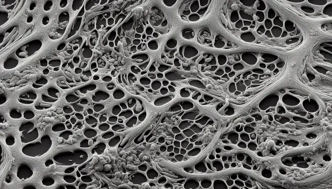 Micrografía electrónica de tejido conectivo mostrando una red de fibras entrelazadas y células en la matriz extracelular.