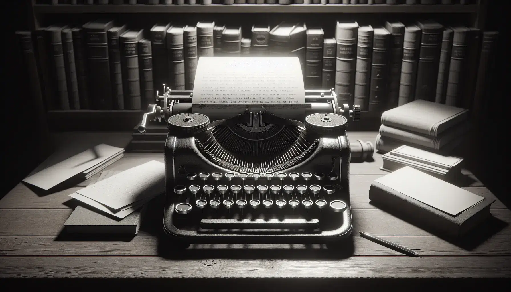 Vintage typewriter on wooden desk with blank paper, surrounded by crumpled sheets and a blurred bookshelf in the background, evoking a creative setting.