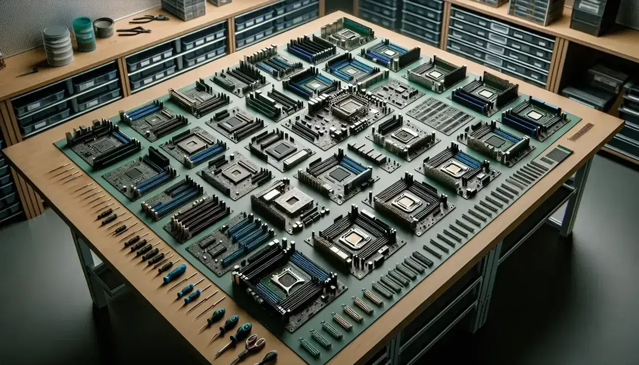 Workbench in hardware laboratory with unbranded computer motherboards, empty RAM slots and blurry tools in the background.