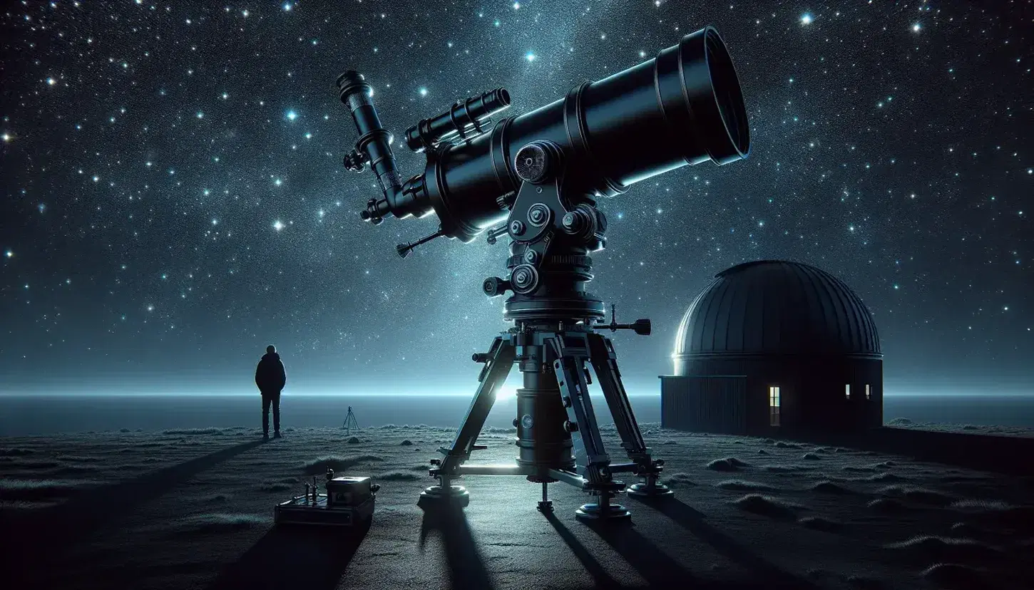 Telescopio astronomico nero su treppiede regolabile puntato verso cielo stellato notturno con figura umana che osserva e contorno di edificio.