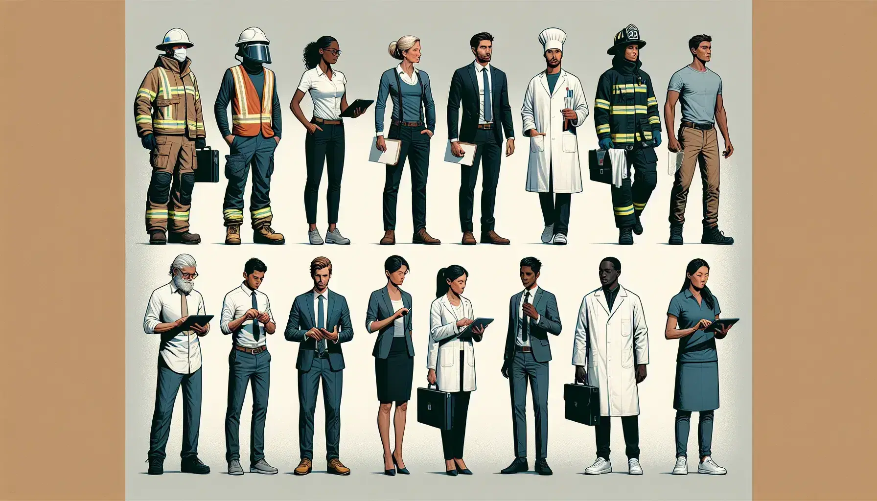 Grupo diverso de ocho profesionales en uniformes representativos de sus oficios, desde construcción hasta enfermería, posando juntos en un entorno laboral colaborativo.