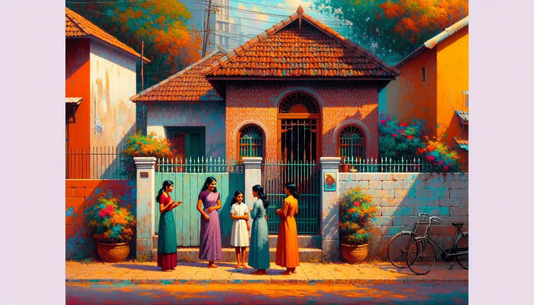 Vibrant street scene with South Asian women conversing outside a terracotta house, a vintage red bicycle by a leafy tree, and colorful homes under a clear blue sky.