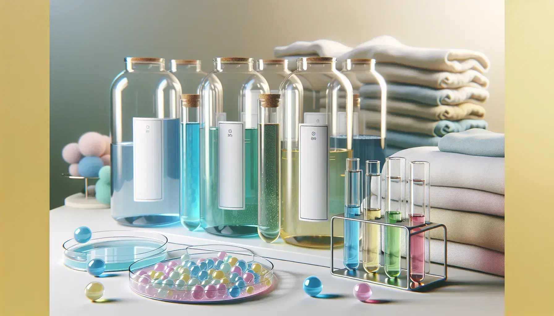 Frascos de vidrio transparente con líquidos de colores representando detergentes enzimáticos, tubos de ensayo en soporte metálico y placa de Petri con esferas coloridas sobre fondo de ropa limpia.