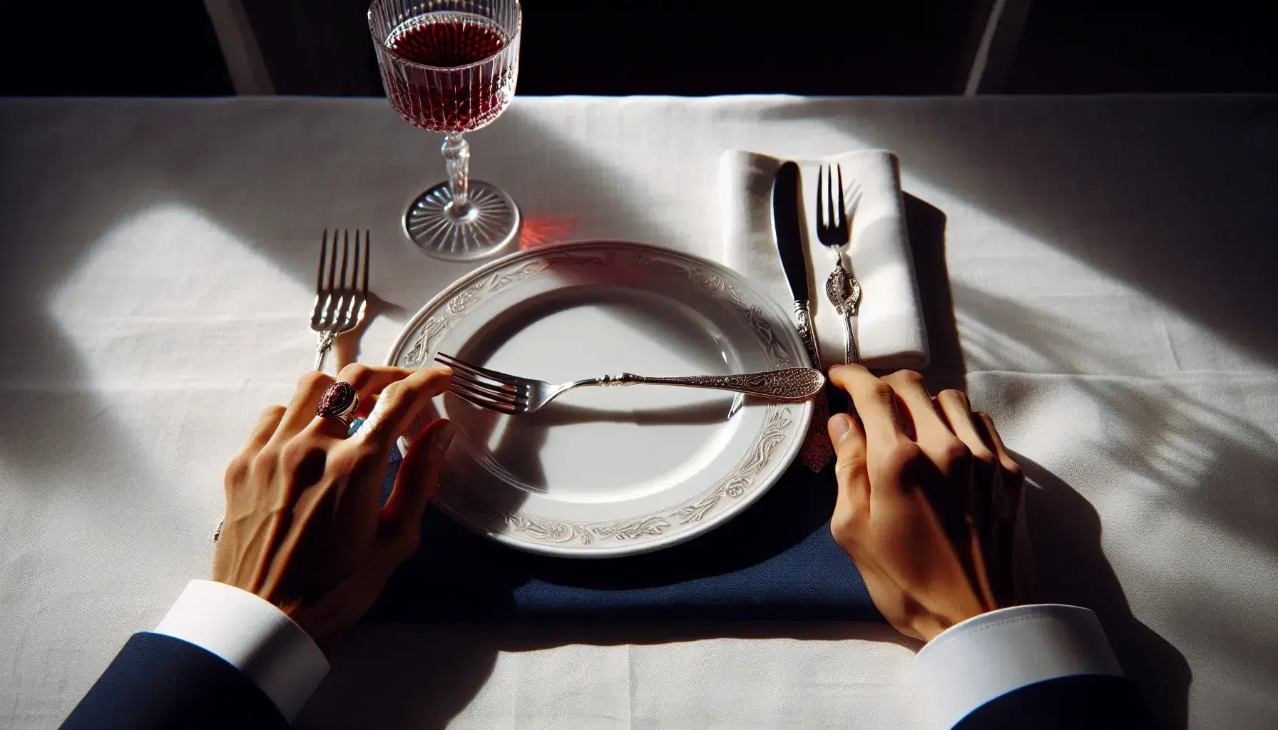 Elegant dining table setting with empty white plate, silverware in hands, folded navy napkin, and glass of red wine, awaiting a meal.