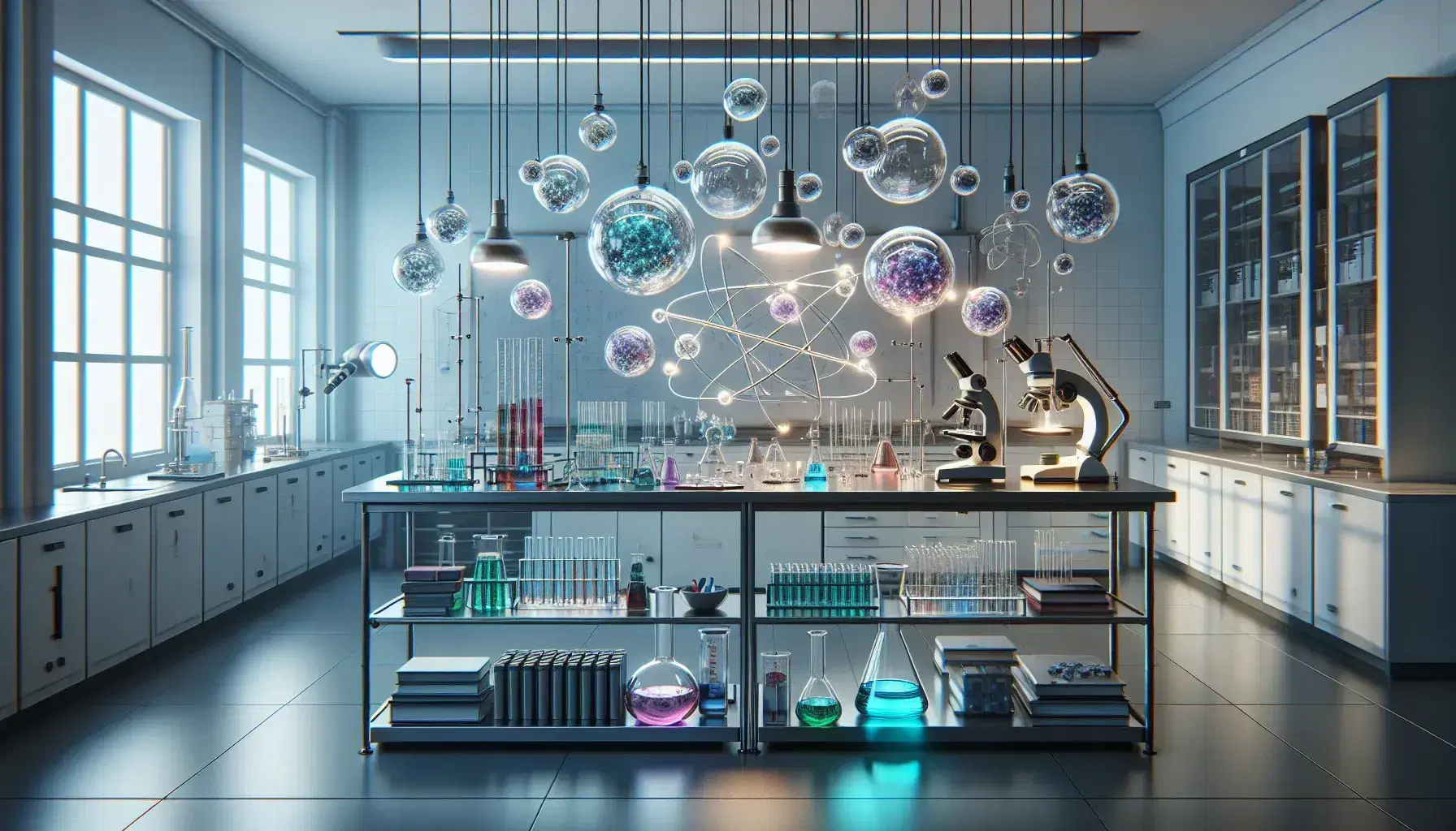 Laboratorio scientifico moderno con tavolo da lavoro, provette colorate, microscopio, occhiali di sicurezza e lampada blu che illumina sfere di vetro.