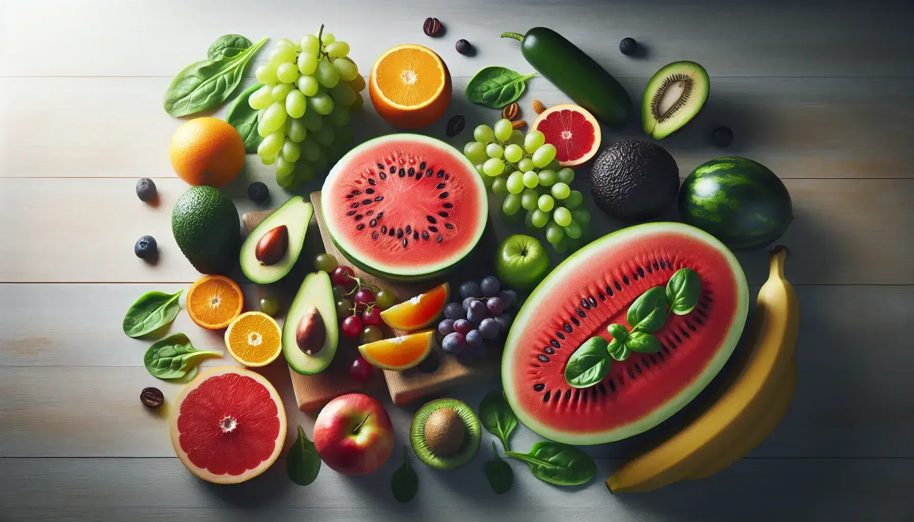 Variedad de frutas y verduras frescas sobre superficie de madera clara, con sandía, uvas, aguacate, naranjas, banana y hojas de espinaca y lechuga.